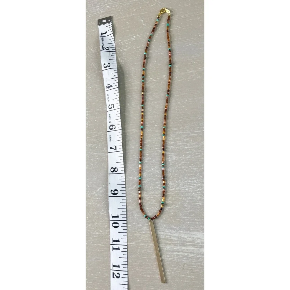 Handmade/Upcycled Boho Minimalist Seed Bead Necklace with Goldtone Bar Pendant